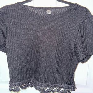 Black Textured Cropped Top with Fringe
